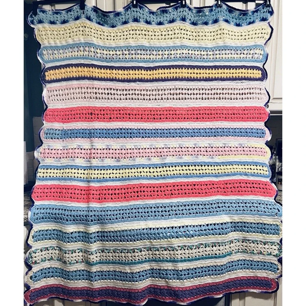 Handmade Crocheted Throw Blanket Multicolor 60 x 54  Afghan Heirloom Gift LN
